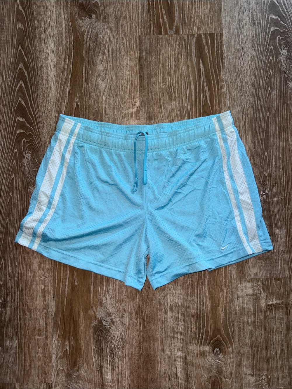 Vintage Y2K Nike Women’s Light Blue Athletic Shorts with White Stripes